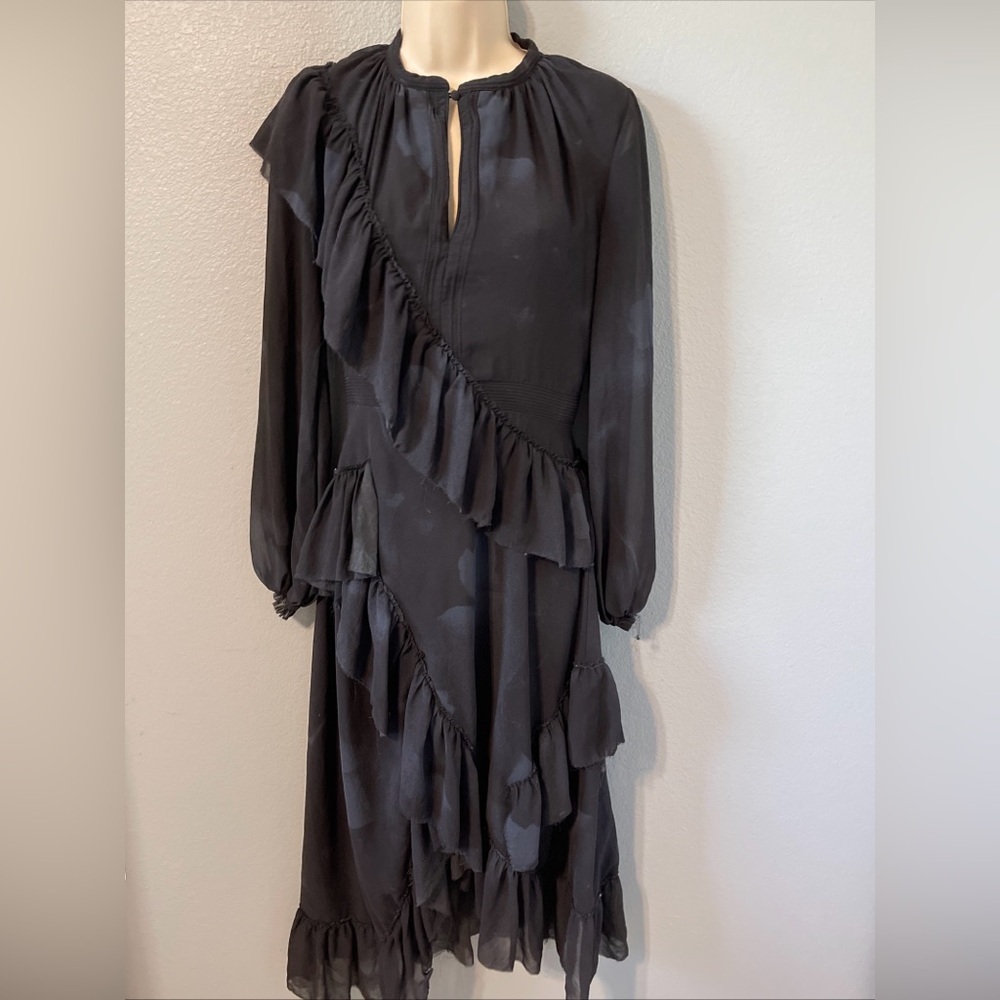 H&M Black & Blue Ruffle Midi Dress Sheer Overlay Boho Goth Romantic Fairy Size 4